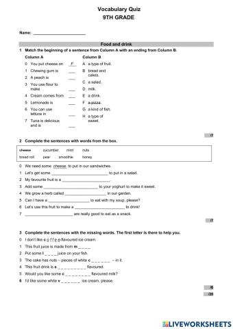 9th grade - vocabulary quiz - food and drinks