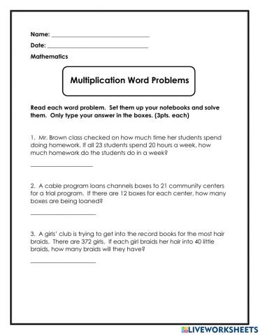 Multiplication Word Problems