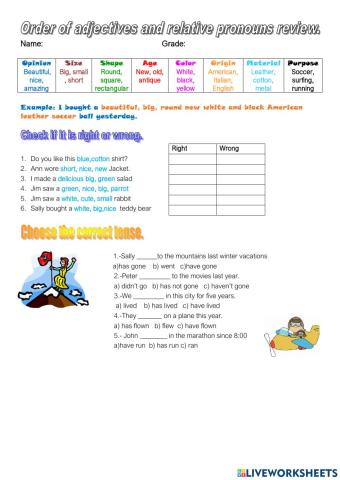 Review i1st grade order of adjectives modal verbs present perfect past tense relative pronouns
