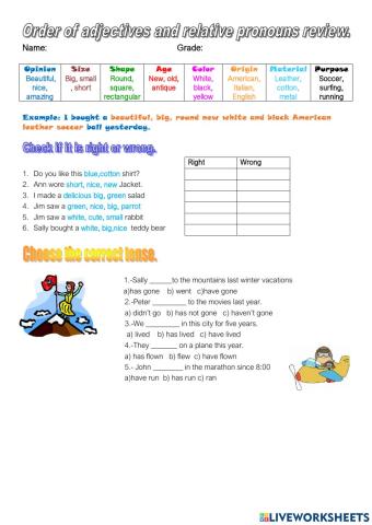 Review i1st grade order of adjectives modal verbs present perfect past tense relative pronouns