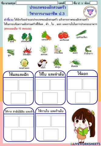 แบบทดสอบท้ายหน่วย เรื่อง ประเภทของผักสวนครัว ชั้นประถมศึกษาปีที่ 3