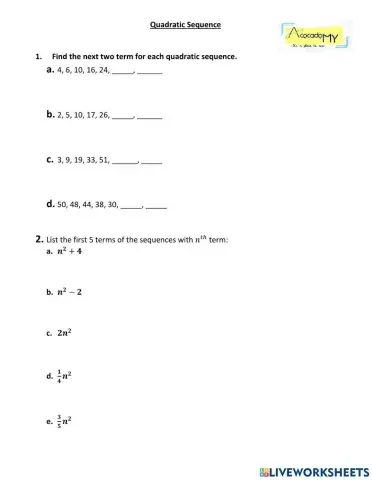 Quadratic Sequence Review