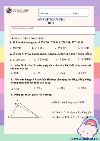 Toán 4 - Ôn tập giữa kì 1