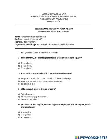 Cuestionario generalidades del balonmano