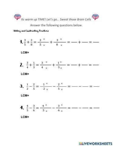 Adding and Subtracting Fractions Warm up