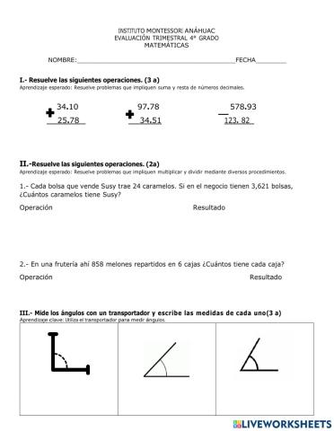Evaluación Trimestral Matemáticas