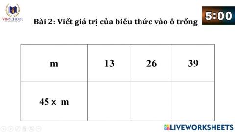 Viết giá trị của biểu thức vào ô trống
