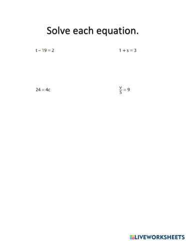 One Step Math Equations with Variables