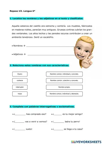 Repaso U3. Adjetivos, nombres, palabras primitivas, palabras interrogativas y exclamativas