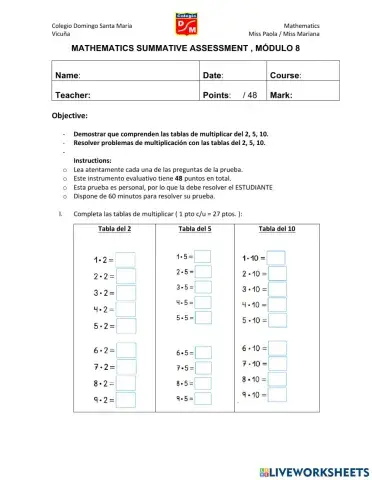 Evaluación matemática 2°a - módulo 8
