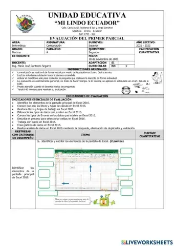 Evaluación de Computación Décimo Grado del Primer Parcial Segundo Quimestre
