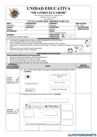 Evaluación de Computación Segundo Grado del Primer Parcial Segundo Quimestre