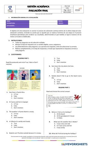 English final evaluation fourth period 3grade