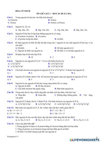 Ôn giữa kỳ 1 hóa 10 - đề số 3 - p1