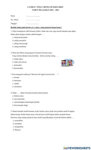 Latihan Tema 3 Benda di sekitarku