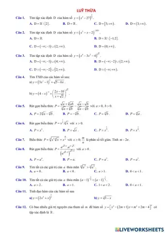 Bài tập Hàm số Luỹ thừa