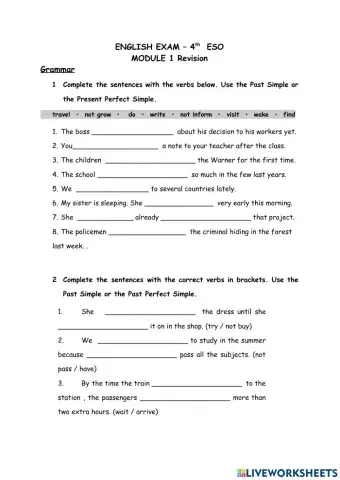 Present perfect simple, past simple, past perfect simple, gerunds and to