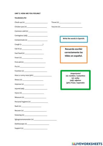 Vocabualry list: unit 2