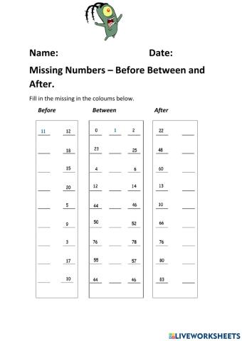 Missing Numbers - Before Between and After