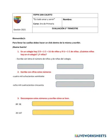 Evaluación 3° Trimestre Matemáticas