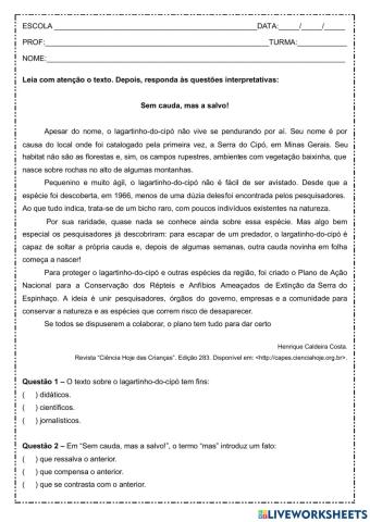 Interpretação 7º ano - Sem cauda, mas a salvo!