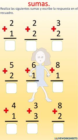 Realiza las siguientes sumas y escribe la respuesta en el recuadro.