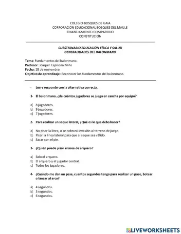 Cuestionario generalidades balonmano