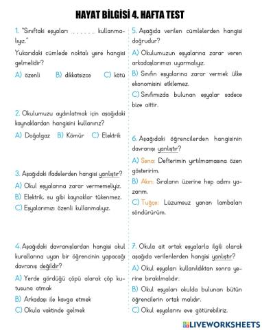 Hayat Bilgisi 4. Hafta Testi