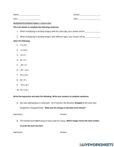 Multiplying and Dividing Integers Quiz