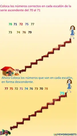 Coloca los numerales correctos en la serie ascendente del 70 al 79.