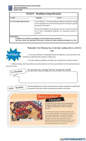 Reading Comprehension -Benny's weird festivals-