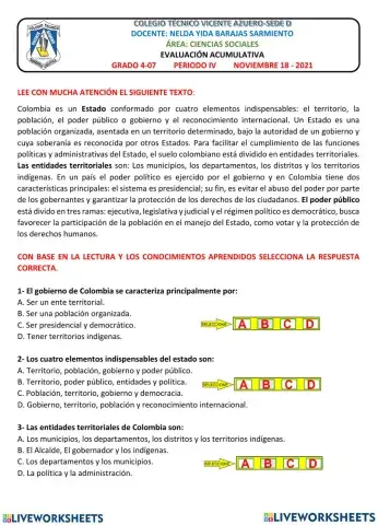 Evaluación acumulativa de Ciencias Sociales Cuarto Periodo