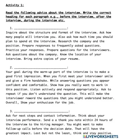 Unit 14 - Job Interview - Activity 1