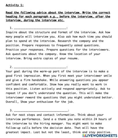 Unit 14 - Job Interview - Activity 1