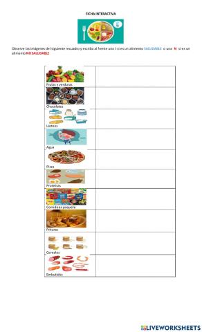 Ficha interactiva alimentos saludables y no saludables
