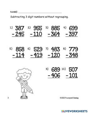 Subtracting 3 digit numbers without regrouping