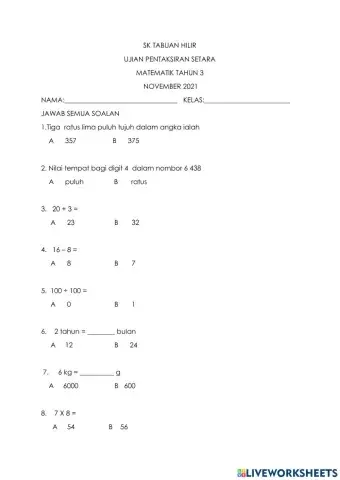 Ujian pentaksiran matematik tahun 3