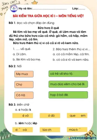 Bài kiểm tra giữa học kì 1 - Môn Tiếng Việt