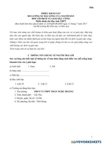 Phiếu khảo sát học sinh