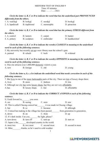 English 9 - đề thi giữa kỳ 1