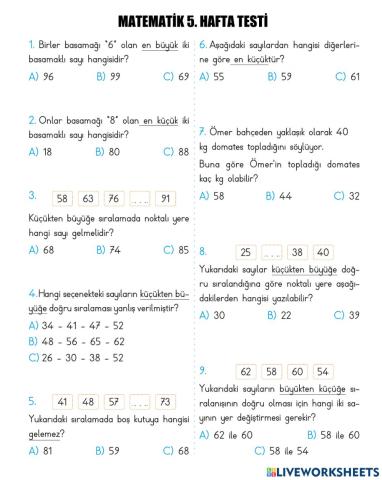 Matematik 5. Hafta Test
