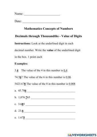 Decimals through Thousandths Value of Digits