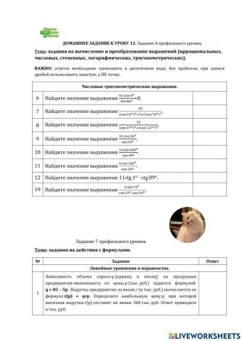 ДЗ № 12. Тема: вычисления, действия с формулами
