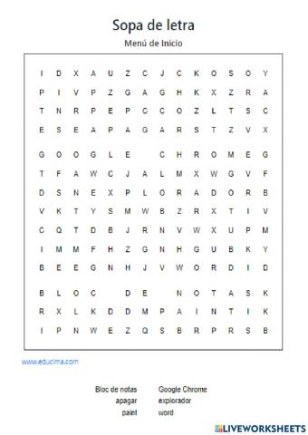 Sopa de letras menú de Inicio