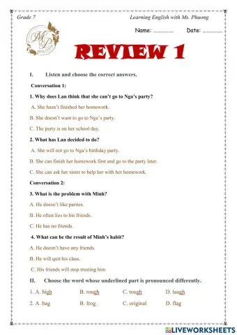 English 7 - Review I - Test 1