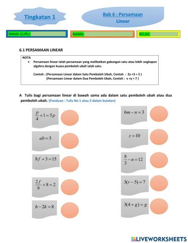 Bab 6 persamaan linear matematik tingkatan 1