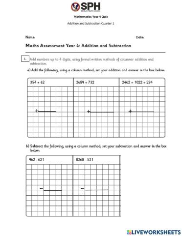 Year 4 Math Quiz Addition Subtraction