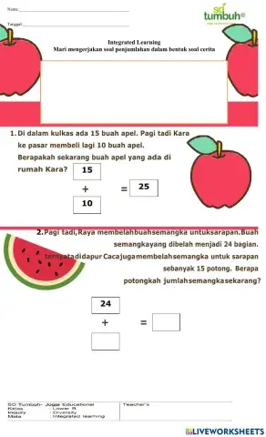 Latihan soal cerita penjumlahan B