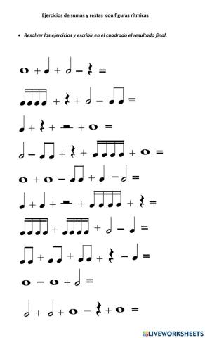 Ejercicios de sumas y restas con figuras rítmicas