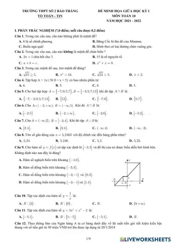 Toán 10 - Kiểm tra GK1 - Đề số 12 -THPT Bảo Thắng-Lào Cai